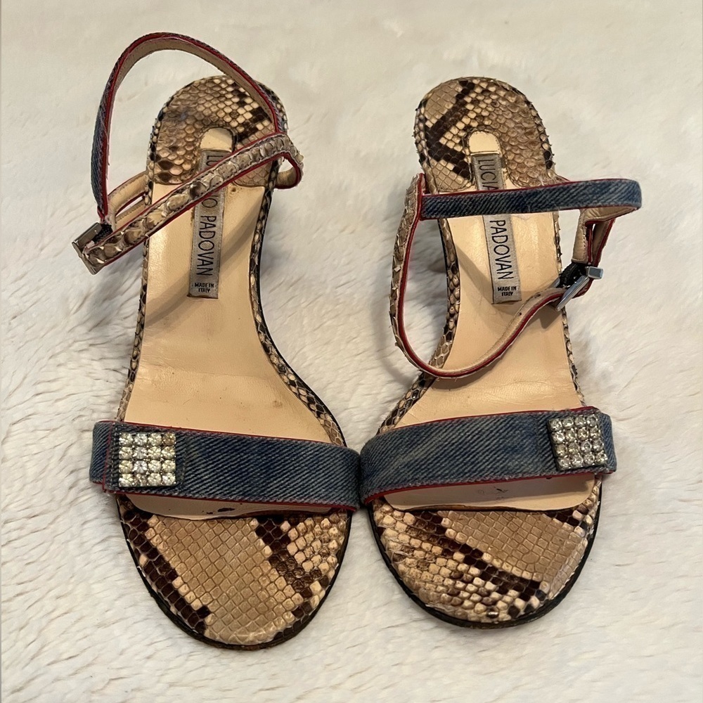 LUCIANO PADOVAN 36.5 5.5 6 Snake Print Leather Denim Italian 3.5” Heels Sandals